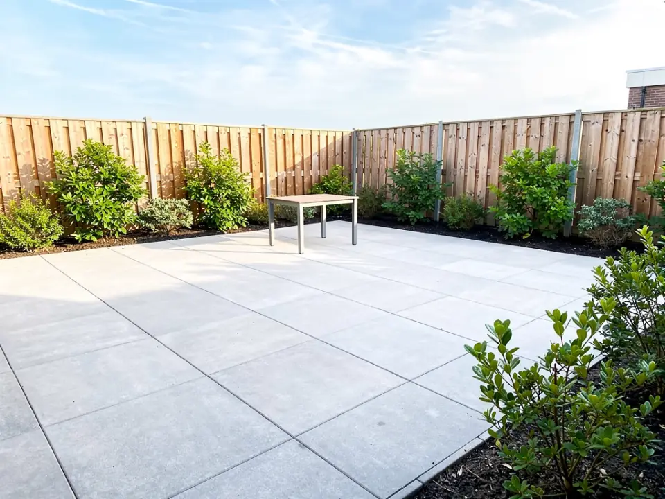 Pas gereinigd lichtgrijs terras met houten schutting en een tuintafel