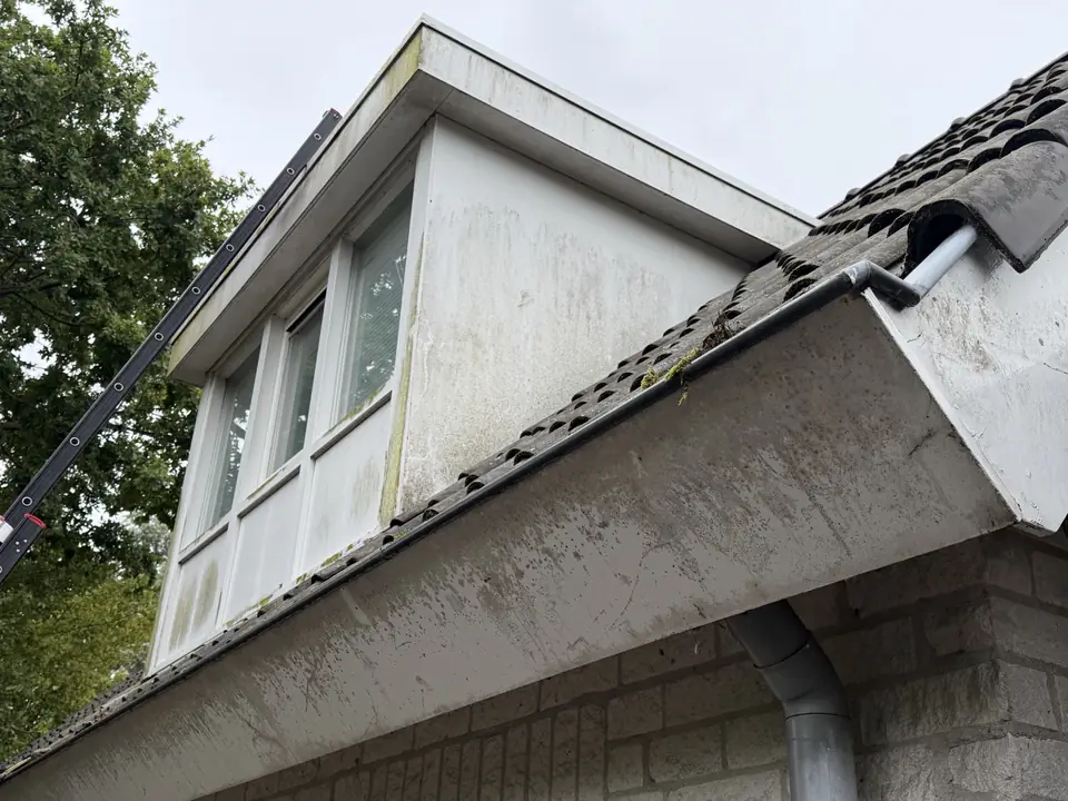 Overstek en dakkapel met groene aanslag en zwarte strepen, voor de reiniging
