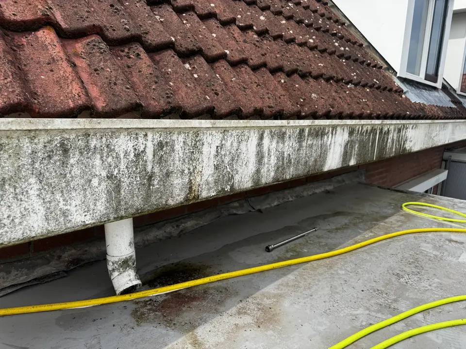 Wit boeiboord met groene en zwarte aanslag boven een plat dak, met een gele slang ervoor