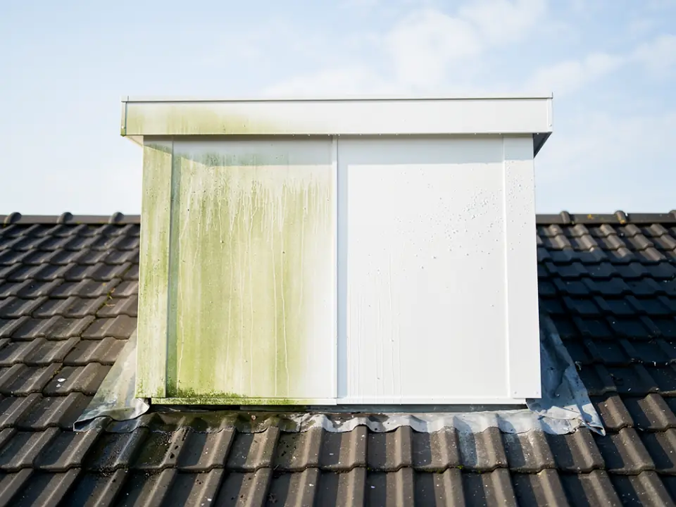 Wit boeiboord en zijpaneel van een dakkapel, links nog groen, rechts schoon en nat