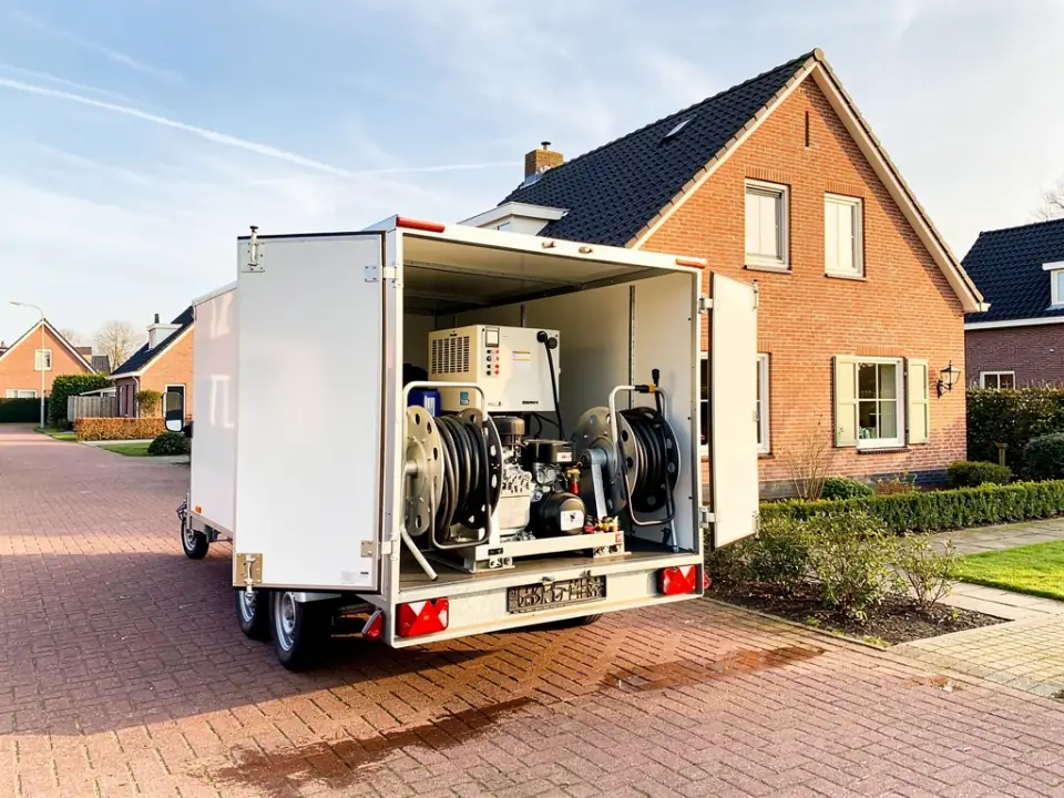 Open aanhanger met heetwatermachine en twee slanghaspels op een oprit voor een woning