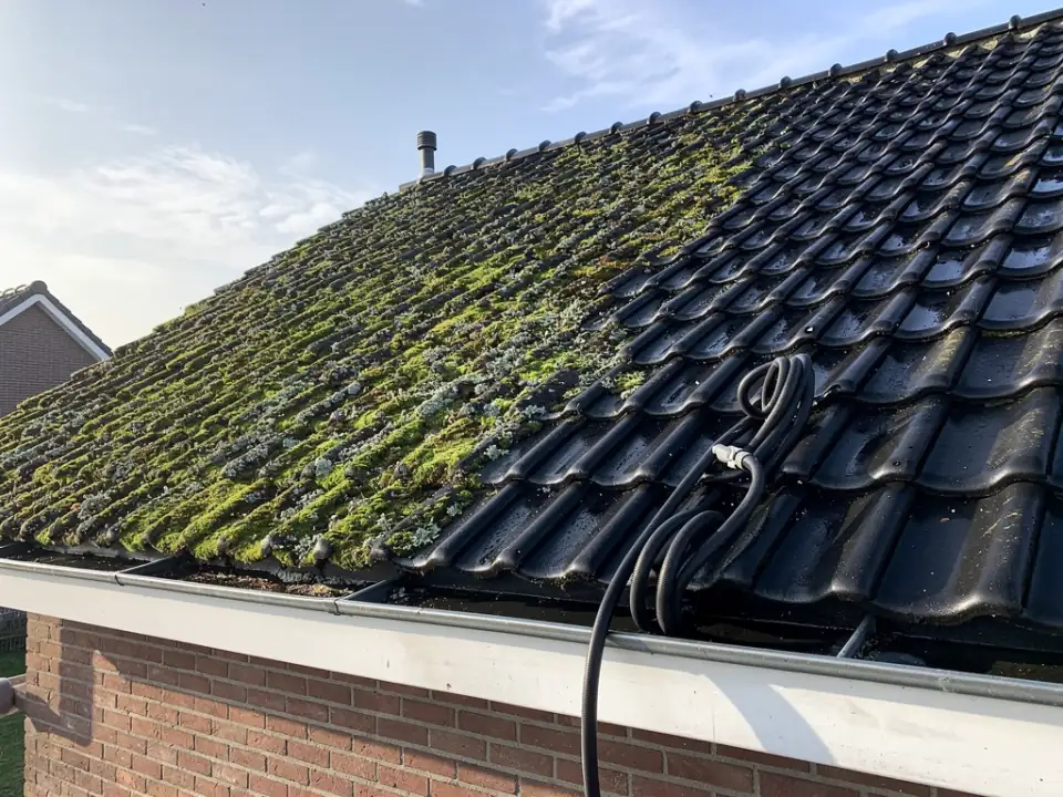 Pannendak half gereinigd: links nog groen bemost, rechts schoon, met de slang over de pannen