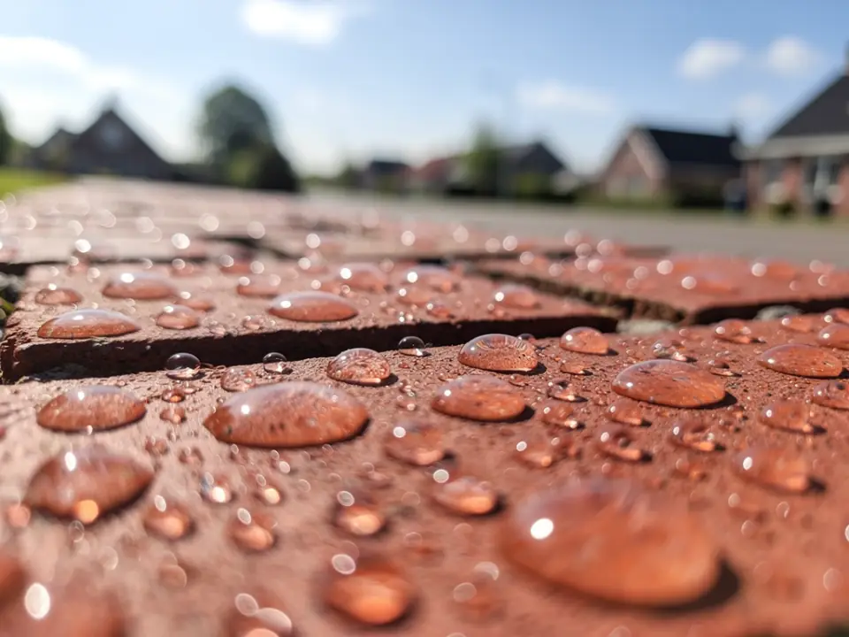 Regendruppels die als parels op geïmpregneerde rode baksteen liggen