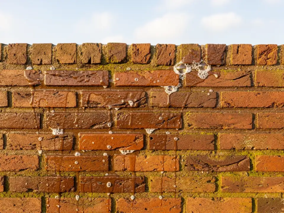 Bakstenen muur met groene algen in de voegen en kleine schuimbelletjes van reinigingsmiddel