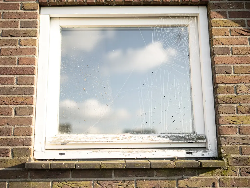 Stoffig raam met opgedroogde regenstrepen en spinrag in de hoek van het kozijn