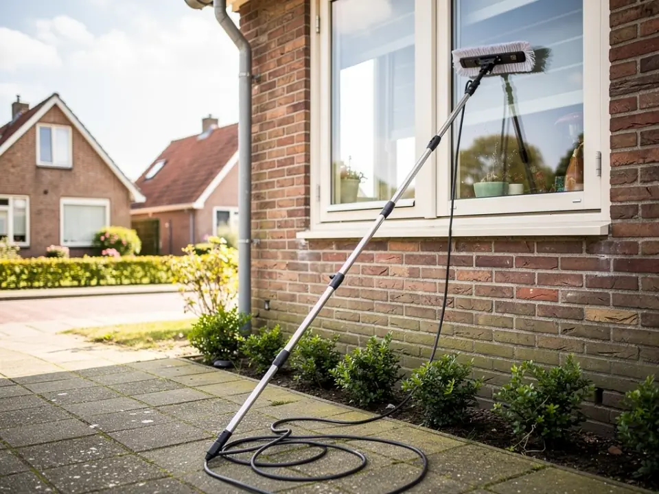 Telescoopsteel met borstel leunt tegen een bakstenen woning naast een groot raam
