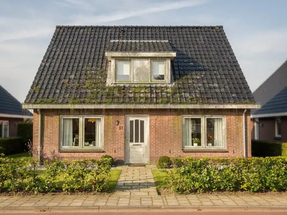 Woning voor de reiniging: doffe, groenige dakpannen, groene aanslag langs de dakgoot en grauw houtwerk