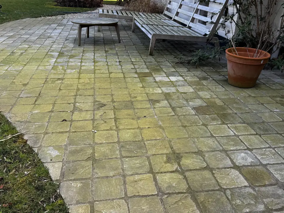 Tegelterras geel en groen van de algen