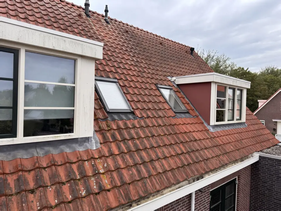 Pannendak met algen en korstmos tussen de dakkapellen
