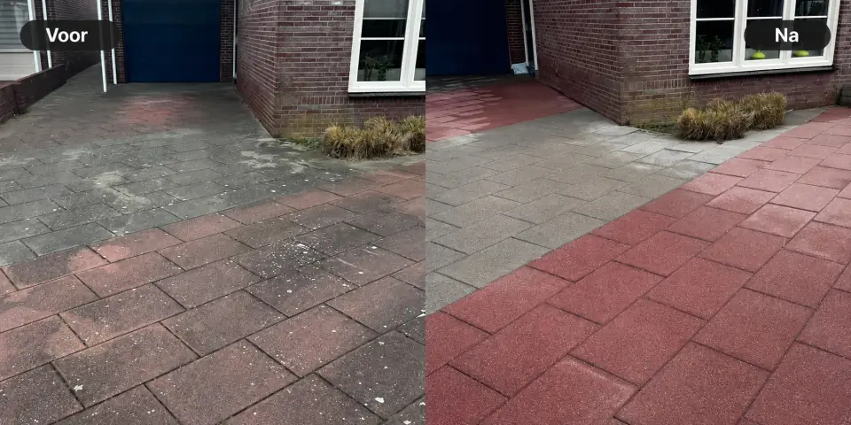 Terras voor en na de reiniging, links groen en grauw, rechts weer rood